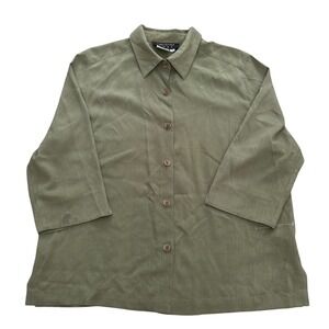 Christina Hope Petite 100% Silk Olive Green 3/4 Sleeve Button Down Shirt Large